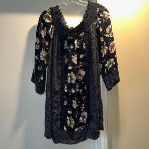 DR2 Blue Floral Elastic Neckline Long Sleeve Lightweight Relaxed Blouse